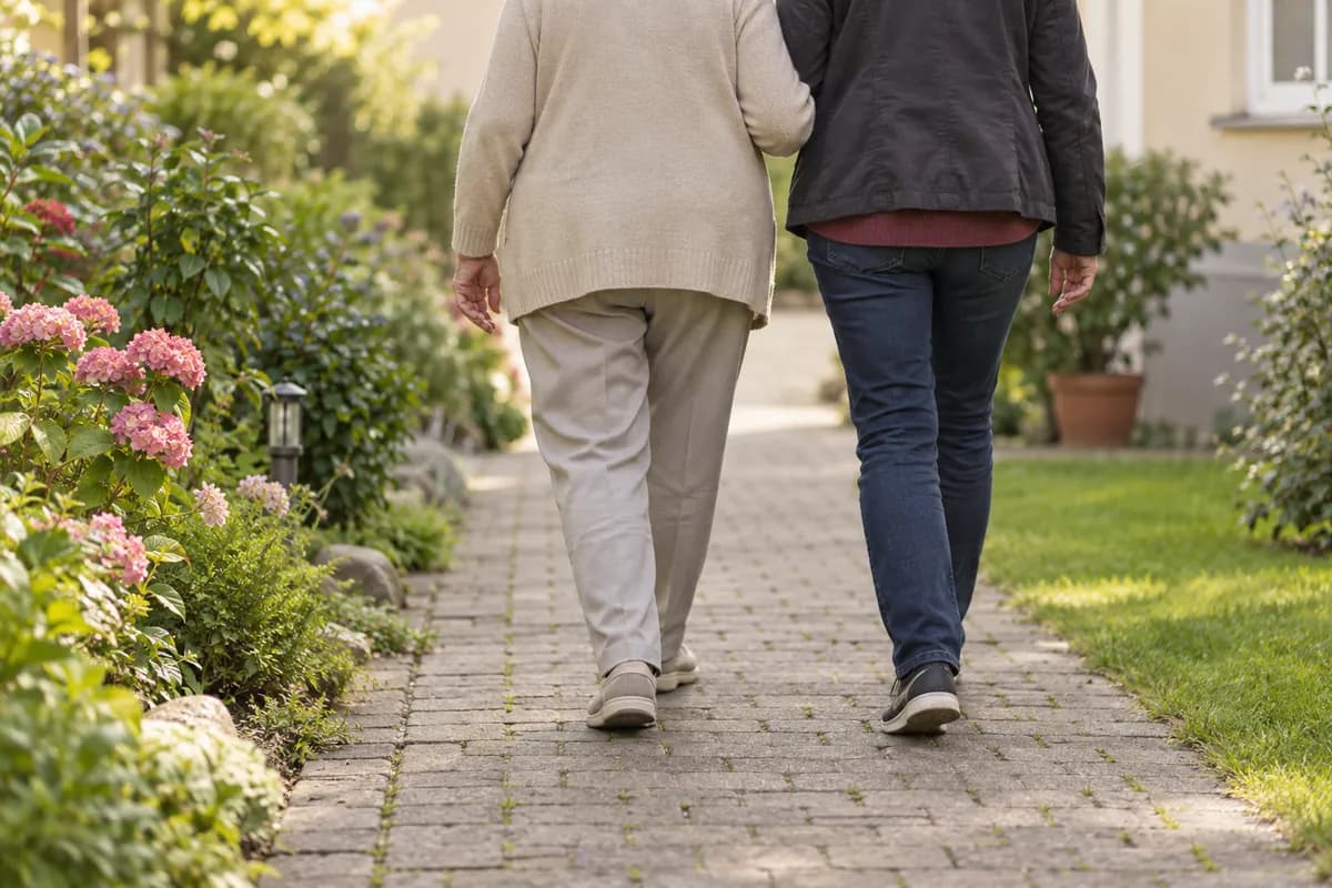 An older adult and a companion walk side by side along a residential path; their faces are outside the frame.